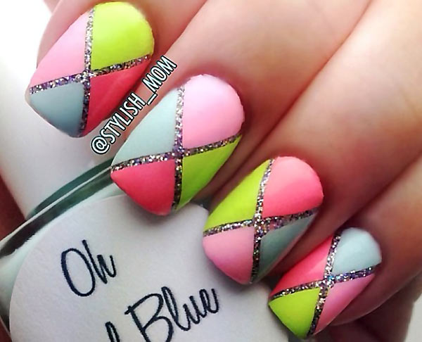 neon pastel geometry over glitter nails