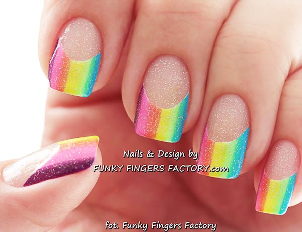 neon rainbow french shimmer nails