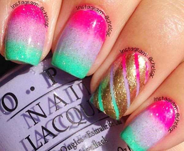 neon summer gradient gold accent nails