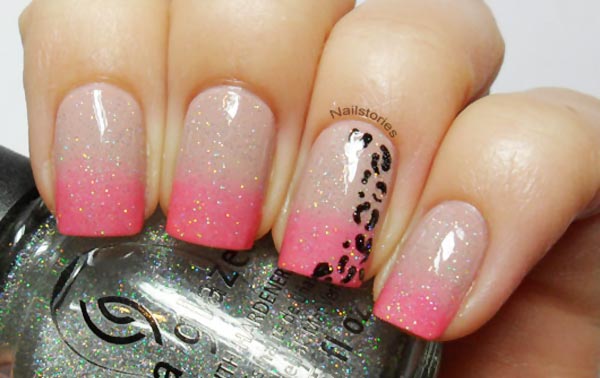 nude pink gradient leopard accent glitter nails