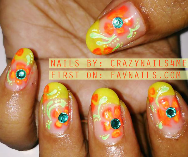 orange neon flowers rhinestones french nails