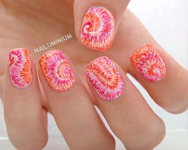 orange pink white tiedye spirals nails