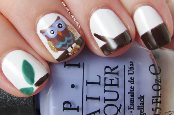 owl on white french nails