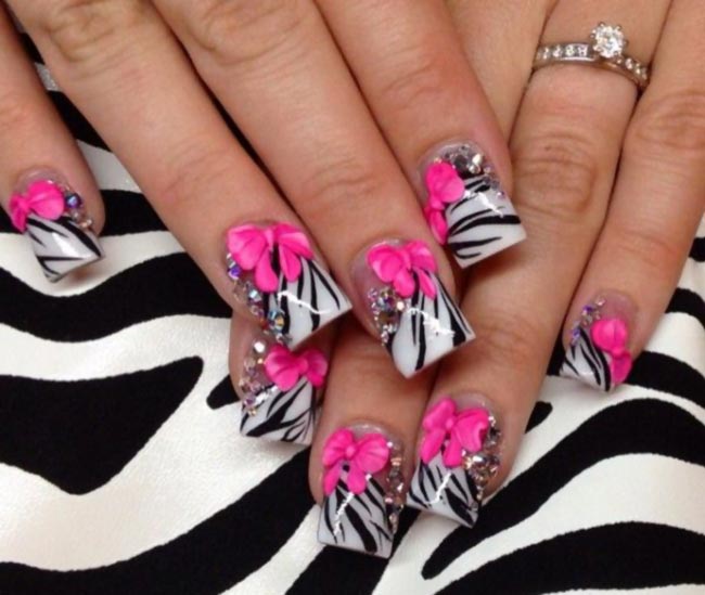 pink 3D bows zebra french nails