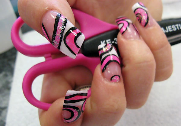 pink black circles fancy french nails