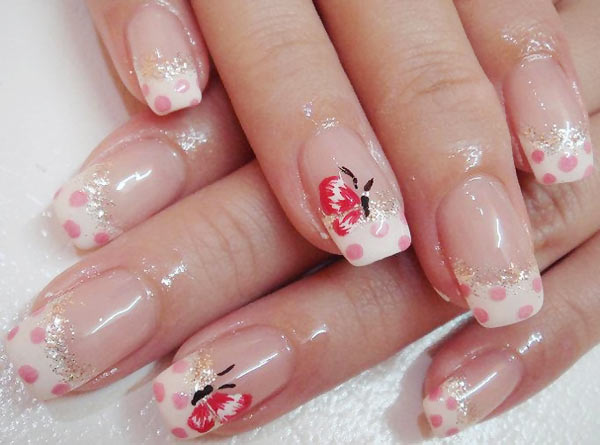 pink dots butterfly glitter girly french nails