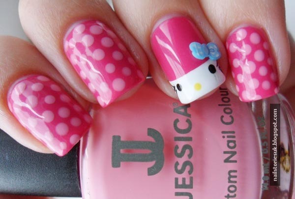 pink dotted french hello kitty nails