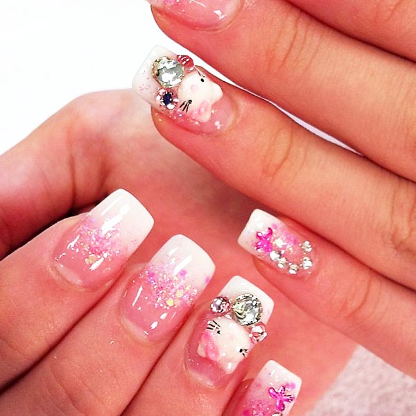 pink french gradient hello kitty nails