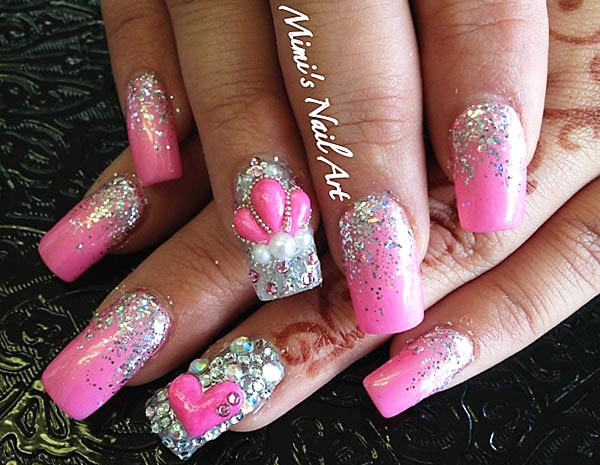pink glitter crown heart 3D princess nails