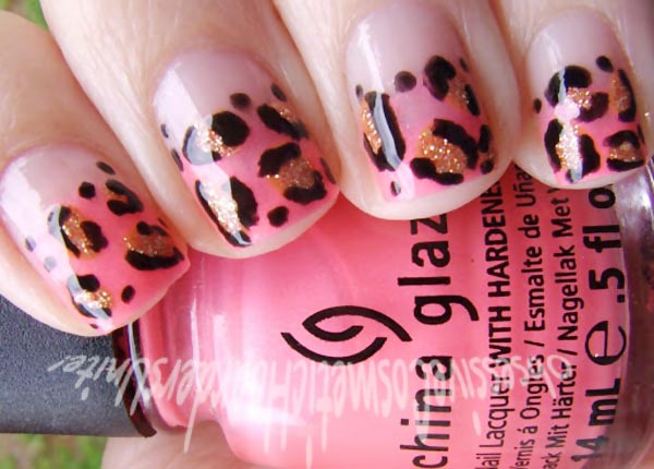 pink gradient black gold leopard nails
