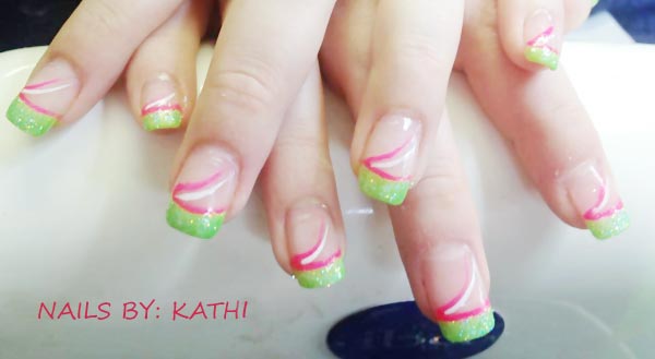 pink green white summer french nails