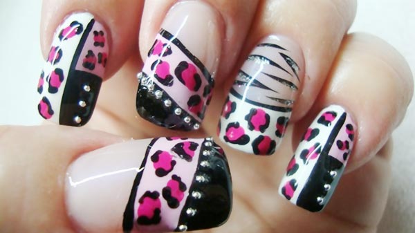 pink leopard black zebra exotic french nails