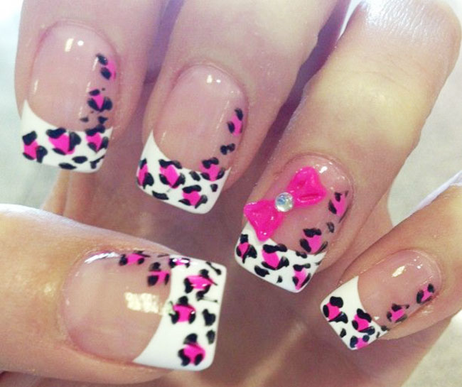 pink leopard bow french nails