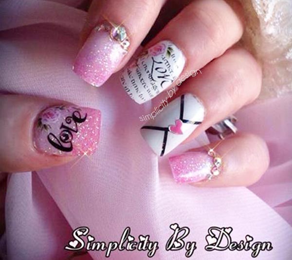 pink love letters valentines day nails
