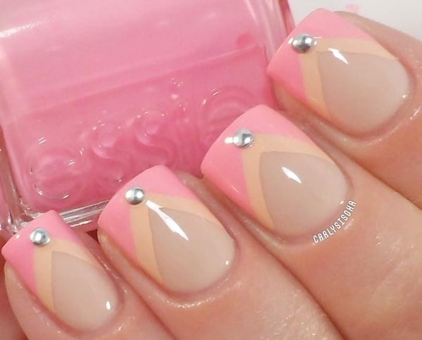 pink peachy chevron studded french nails