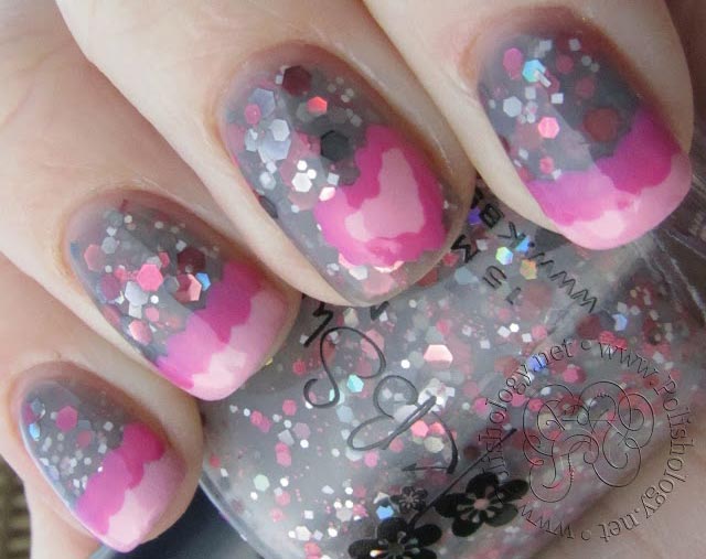 pink ruffled tips hearts glitter nails