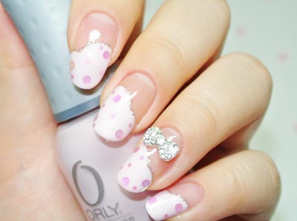 pink sequined glitter french bow girly nails