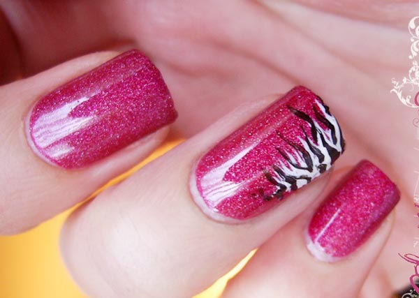 pink shimmer zebra accent nails