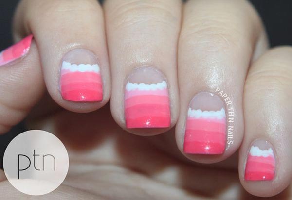pink striped gradient white dotted halfmoon nails