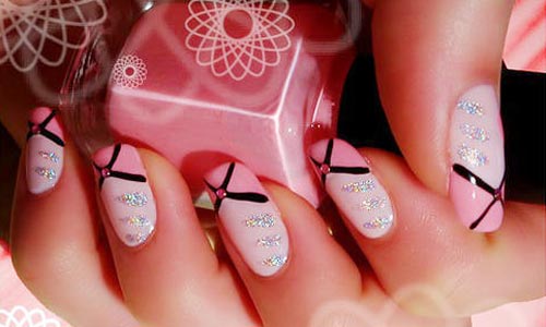 pink tips black stripes pink nails