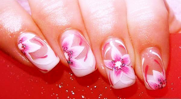 pink white one stroke flowers delicate french nails