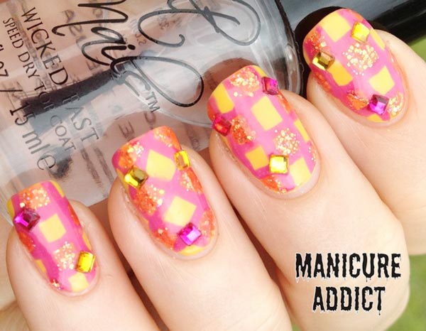 pink yellow gold rhinestones geometry nails