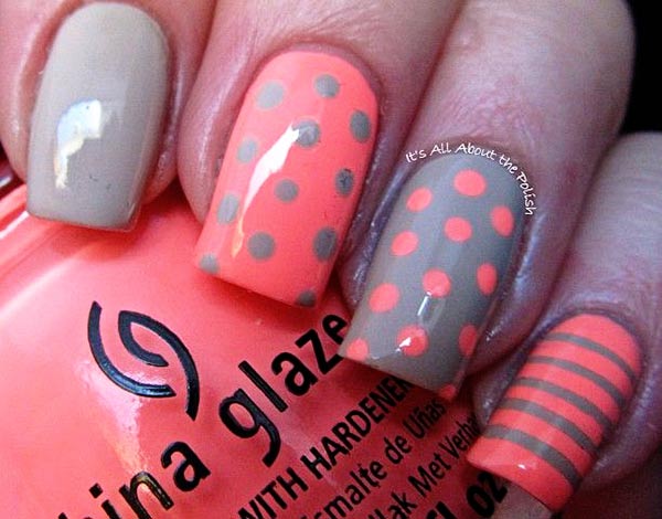 polka dots striped grey coral nails