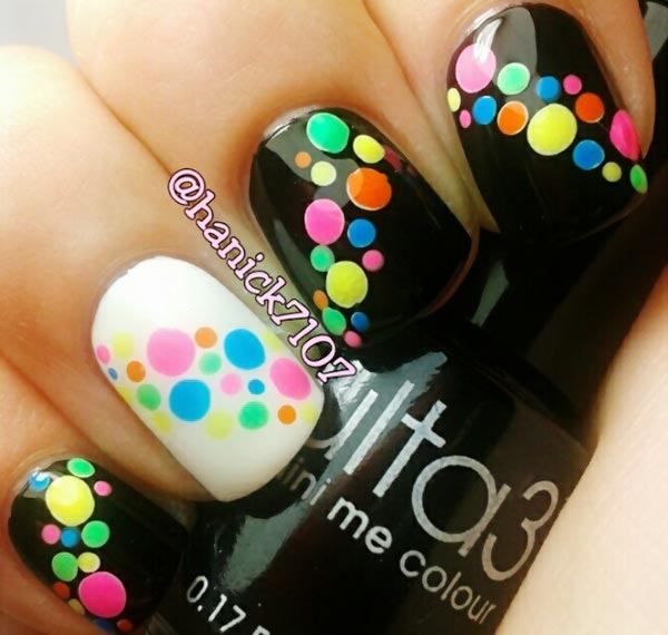 rainbow dotted black and white nails