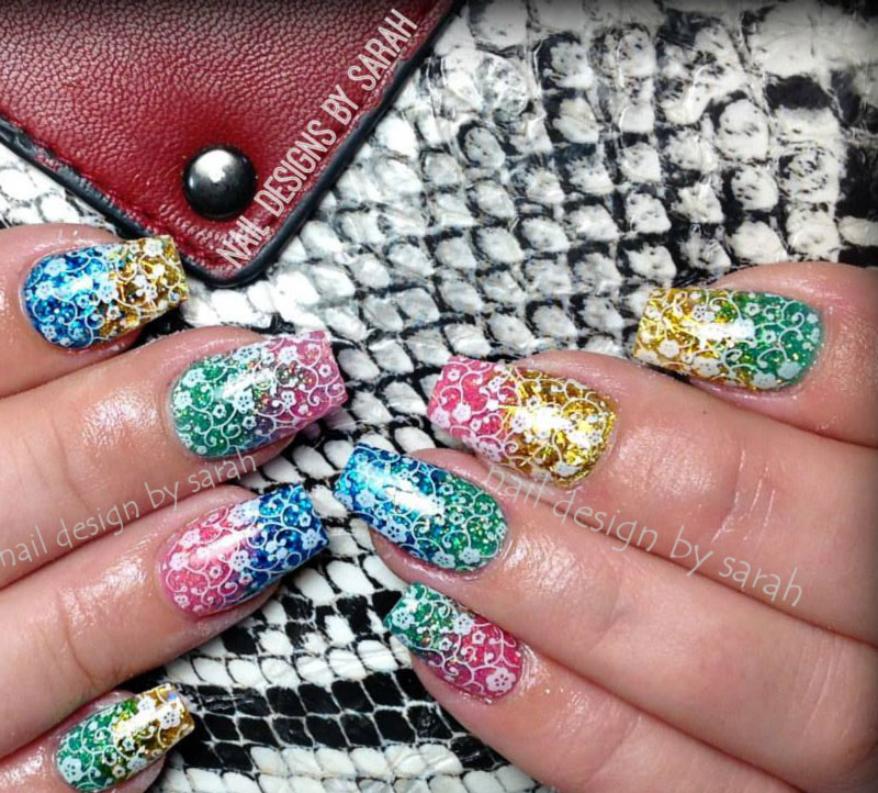 rainbow gradient glitter stamped spring summer nails