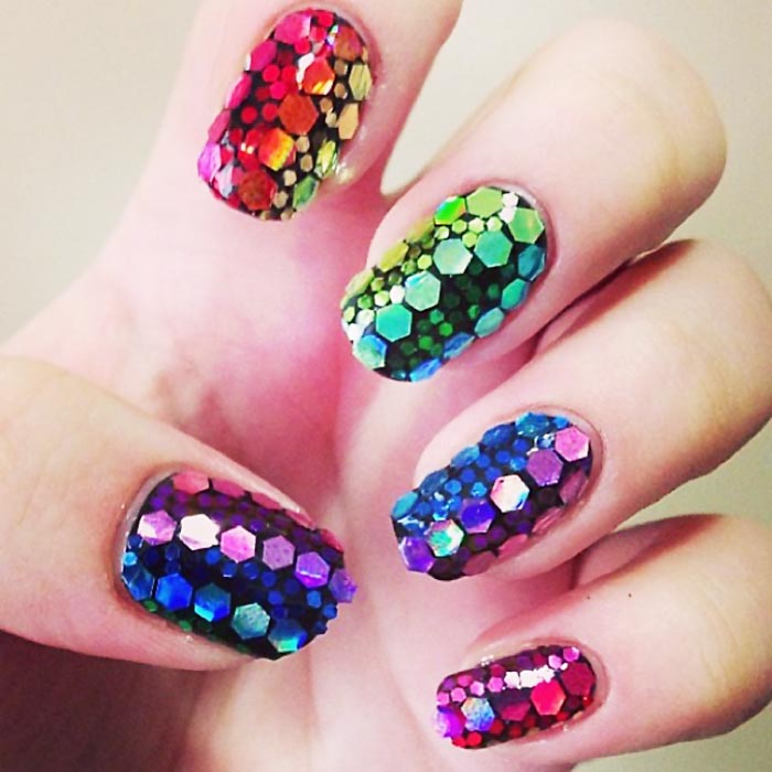 rainbow sequins party new year's eve nails