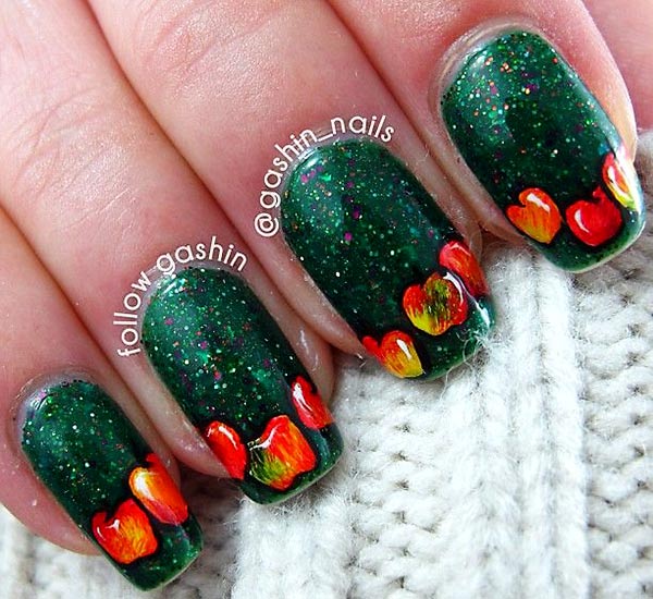 red apples green fall nails