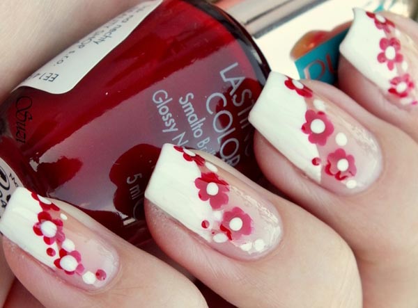 red flowers white french spring nails