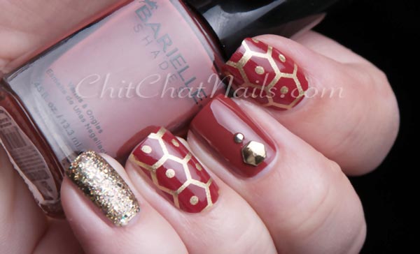 red gold glitter stamped nails