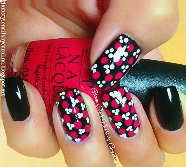 red white black dots nails