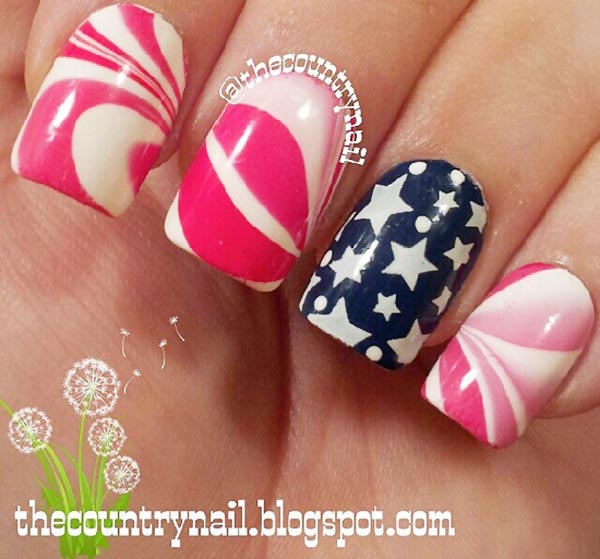 red white marbled blue stars 4th of july nails