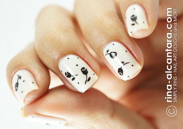 roses black and white simple nails