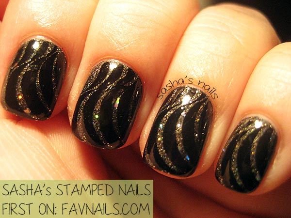 black stamped holo glitter party nails
