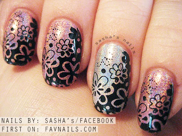 flowers stamped gorgeous holo nails
