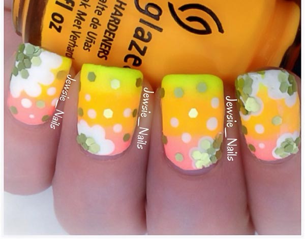 sequins flowers summer gradient nails