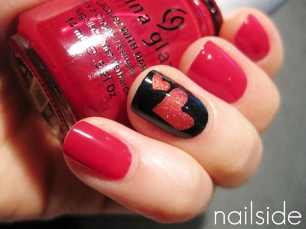 shimmer hearts accent black red nails