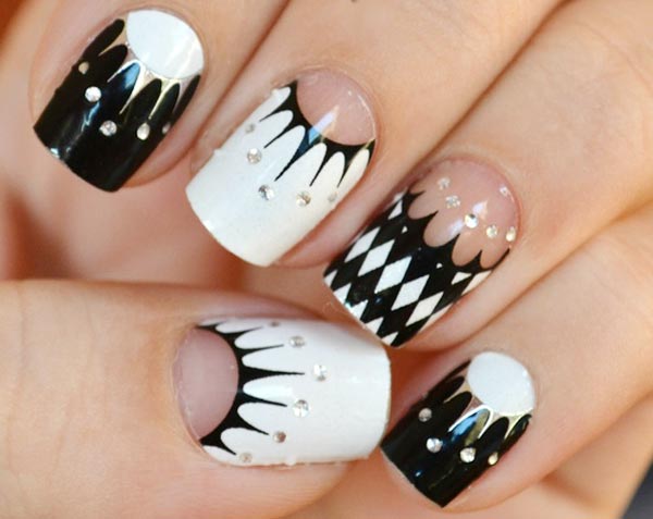 silver black and white geometry nails