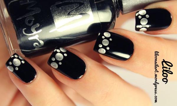 silver dots french black nails