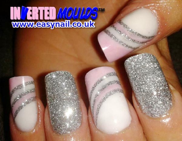 silver glitter pink white fancy nails