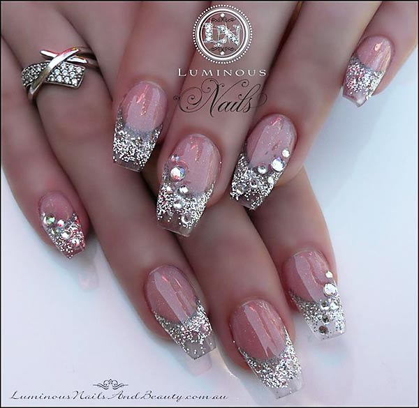 silver glitter rhinestones gradient french nails