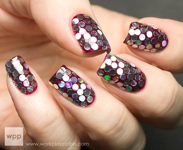 silver glitter sequined red nails