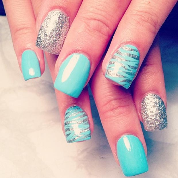 silver glitter zebra turquoise nails