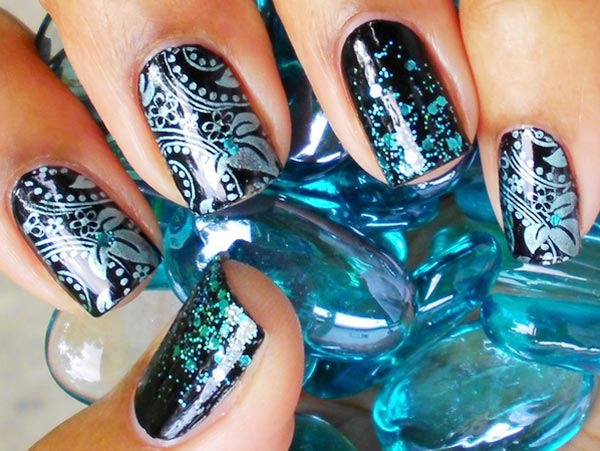 silver stamped glitter dark blue nails