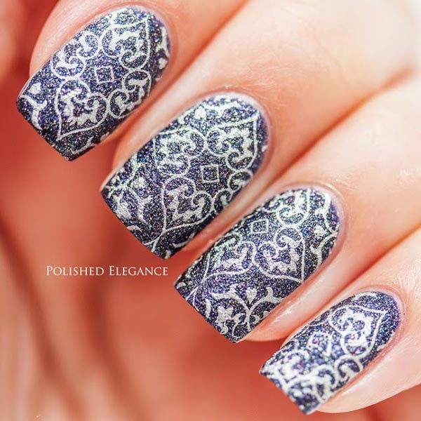 silver stamped grey liquid sand nails