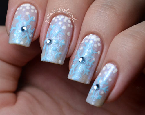 snow aqua snowflakes rhinestones nails