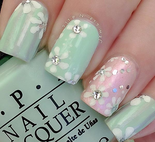 soft mint pink rhinestones flowers nails